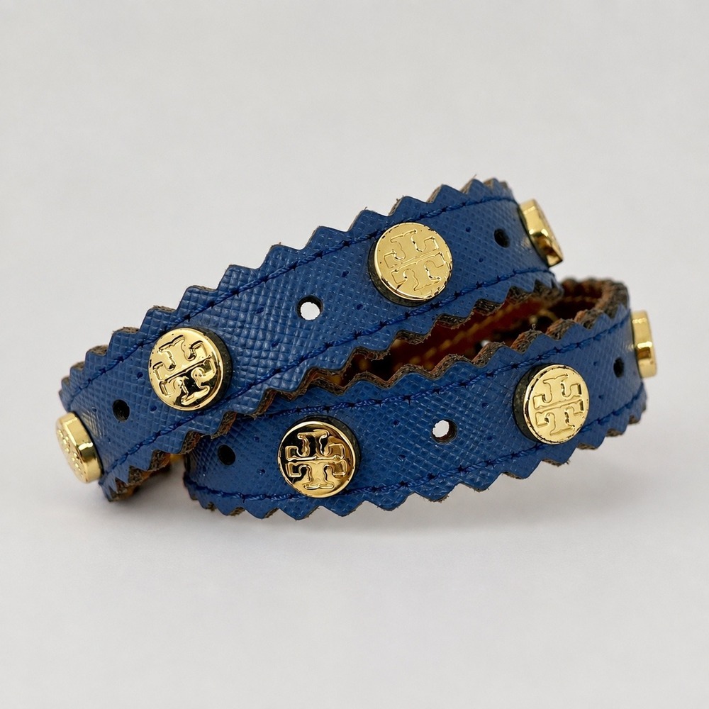 NWT Tory Burch Scalloped Navy & Gold Double-Wrap Leather Bracelet / with dustbag